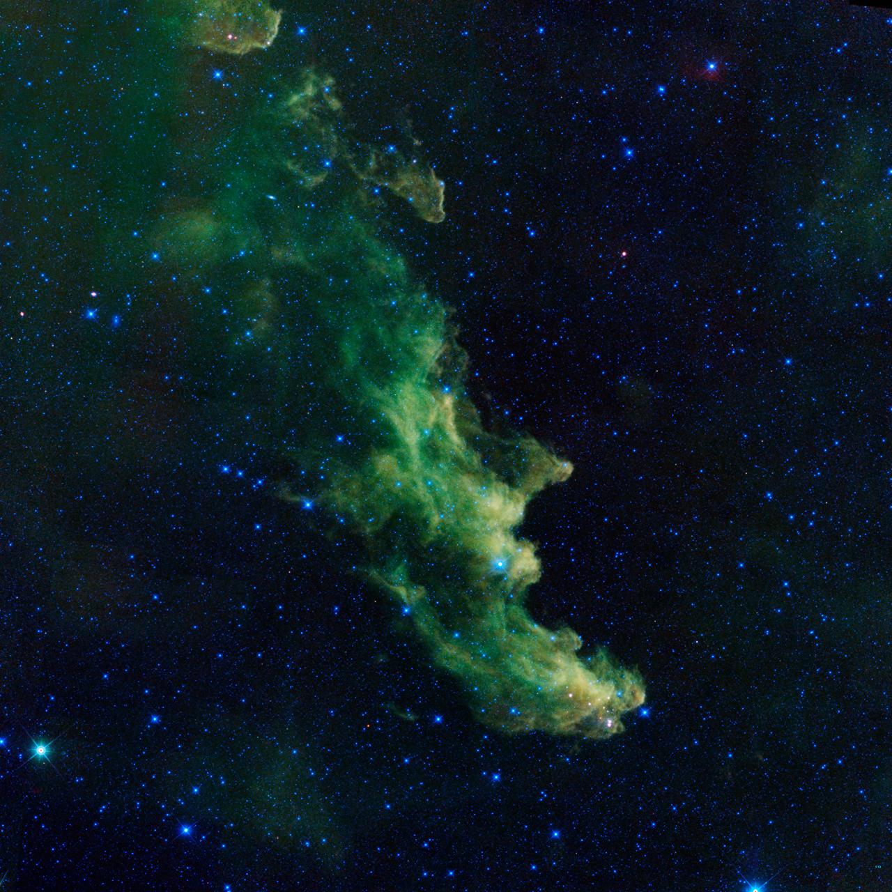 A witch appears to be screaming out into space in this new image from NASA's Wide-Field Infrared Survey Explorer, or WISE. The infrared portrait shows the Witch Head nebula, named after its resemblance to the profile of a wicked witch. Astronomers say the billowy clouds of the nebula, where baby stars are brewing, are being lit up by massive stars. Dust in the cloud is being hit with starlight, causing it to glow with infrared light, which was picked up by WISE's detectors.  The Witch Head nebula is estimated to be hundreds of light-years away in the Orion constellation, just off the famous hunter's knee.  WISE was recently &quot;awakened&quot; to hunt for asteroids in a program called NEOWISE. The reactivation came after the spacecraft was put into hibernation in 2011, when it completed two full scans of the sky, as planned.  Image credit: NASA/JPL-Caltech  NASA image use policy. ( http://www.nasa.gov/audience/formedia/features/MP_Photo_Guidelines.html )   NASA Goddard Space Flight Center ( http://www.nasa.gov/centers/goddard/home/index.html )  enables NASA’s mission through four scientific endeavors: Earth Science, Heliophysics, Solar System Exploration, and Astrophysics. Goddard plays a leading role in NASA’s accomplishments by contributing compelling scientific knowledge to advance the Agency’s mission.  Follow us on Twitter ( http://twitter.com/NASA_GoddardPix )   Like us on Facebook ( http://www.facebook.com/pages/Greenbelt-MD/NASA-Goddard/395013845897?ref=tsd )   Find us on Instagram ( http://instagram.com/nasagoddard?vm=grid ) 